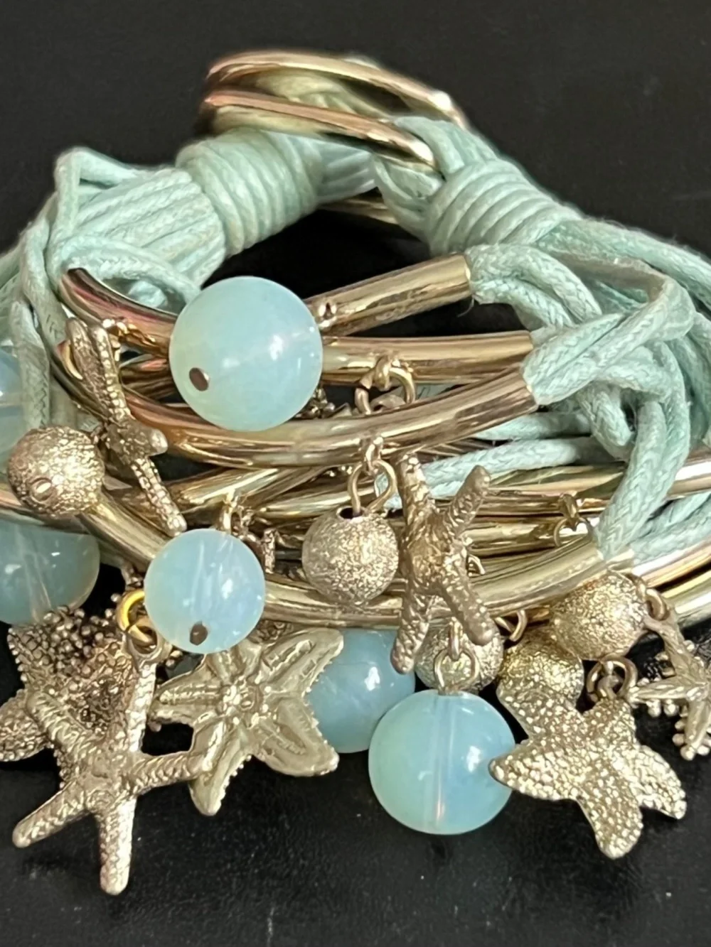 Coastal Beach Multi-Strand Tube Wrap Bracelet Starfish & Blue Beads